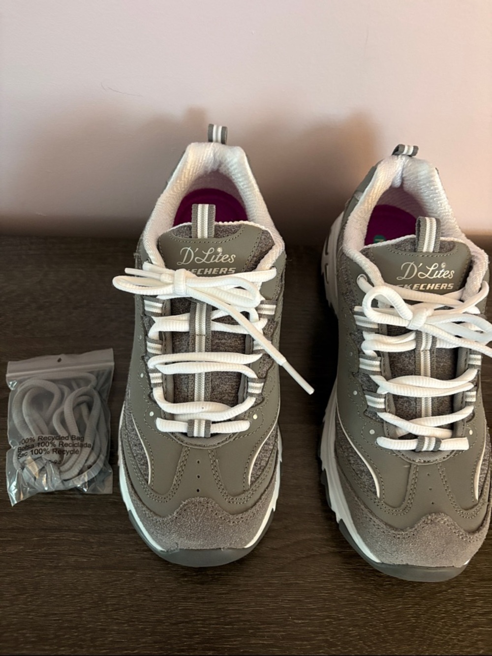 Skechers D'Lites Women's Gray and White Athletic Sneakers with Pink Lining